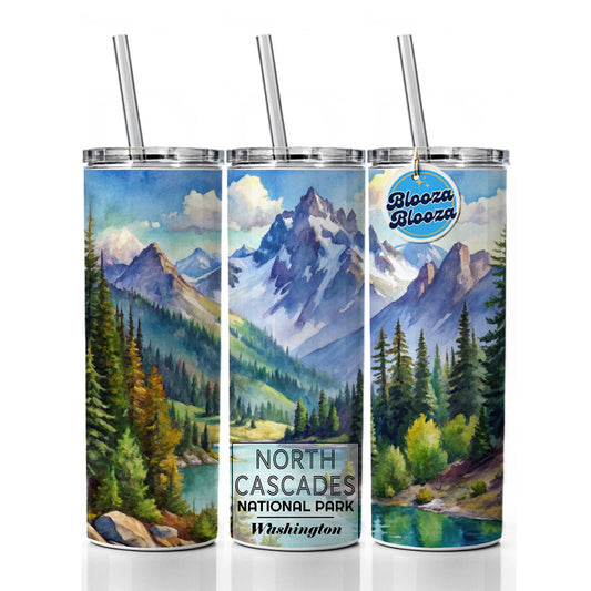North Cascades National Park Washington Watercolor Skinny Tumbler 20oz with Straw Insulated Water Bottle Gift