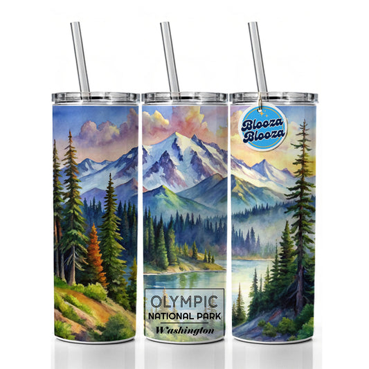 Olympic National Park Washington Watercolor Skinny Tumbler 20oz with Straw Insulated Water Bottle Gift
