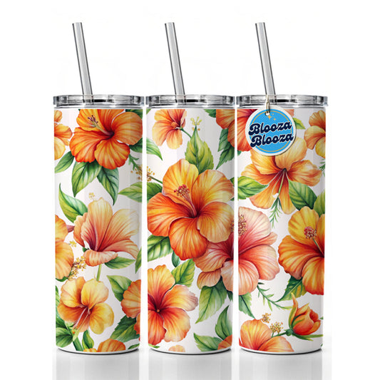 Orange Hibiscus Flowers Watercolor Skinny Tumbler 20oz with Straw Insulated Water Bottle Gift