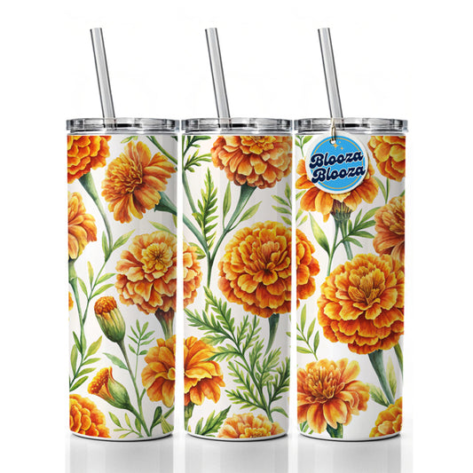 Orange Marigolds Flowers Watercolor Skinny Tumbler 20oz with Straw Insulated Water Bottle Gift