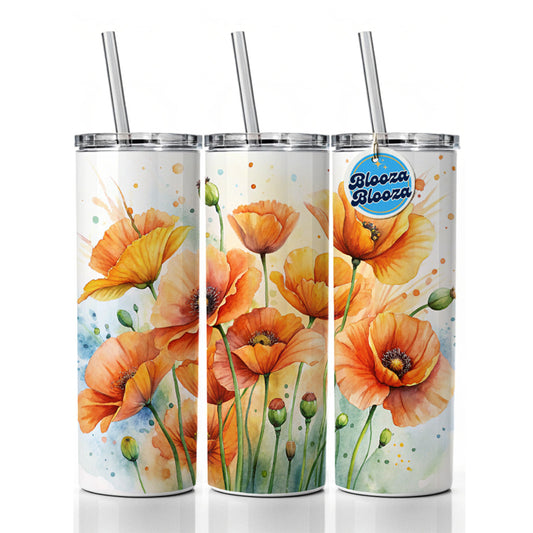 Orange Poppies Flowers Watercolor Skinny Tumbler 20oz with Straw Insulated Water Bottle Gift