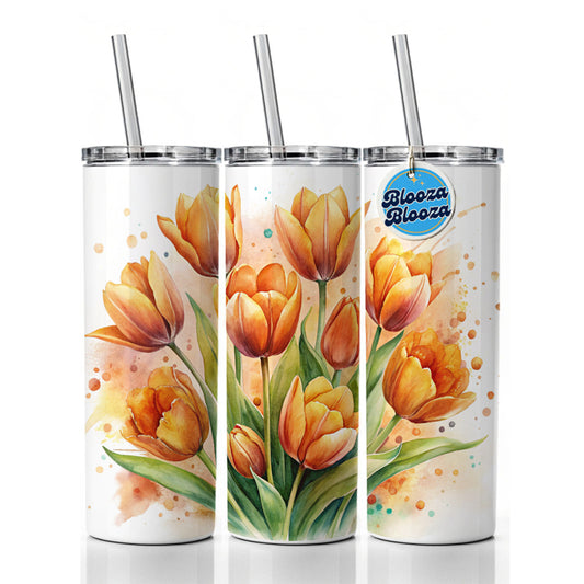 Orange Tulips Flowers Watercolor Skinny Tumbler 20oz with Straw Insulated Water Bottle Gift