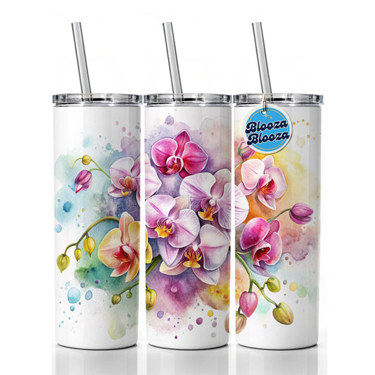 Orchids Flowers Watercolor Skinny Tumbler 20oz with Straw Insulated Water Bottle Gift
