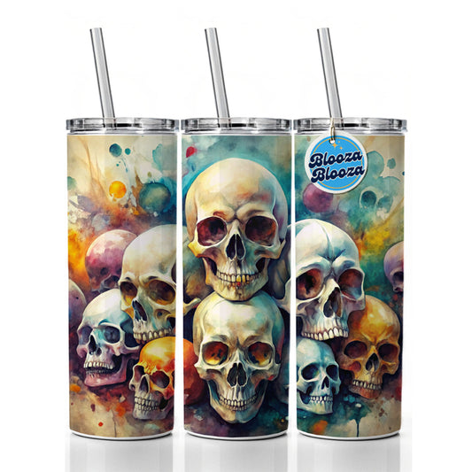 Overlapping Skulls Watercolor Skinny Tumbler 20oz with Straw Insulated Water Bottle Gift
