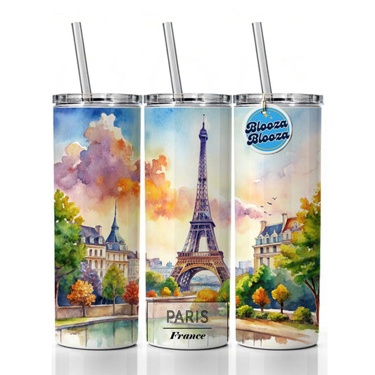 Paris France Eiffel Tower Travel City Watercolor Skinny Tumbler 20oz with Straw Insulated Water Bottle Gift