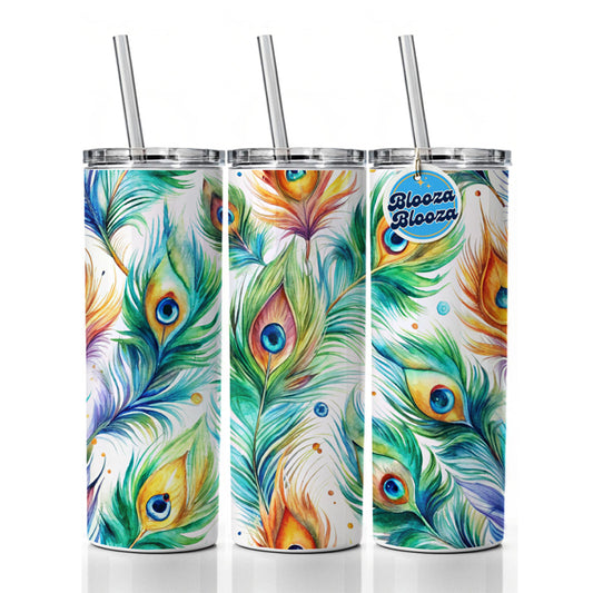 Peacock Feathers Watercolor Skinny Tumbler 20oz with Straw Insulated Water Bottle Gift
