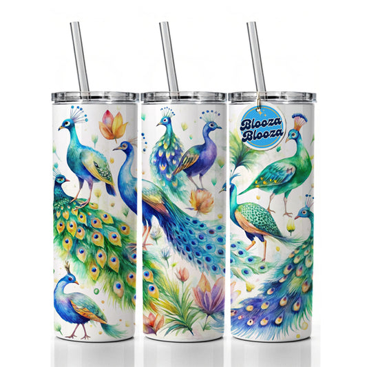 Peacocks Beautiful Birds Watercolor Skinny Tumbler 20oz with Straw Insulated Water Bottle Gift