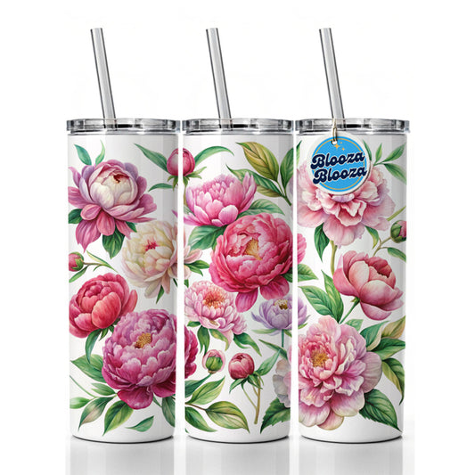Peonies Pink Flowers Watercolor Skinny Tumbler 20oz with Straw Insulated Water Bottle Gift