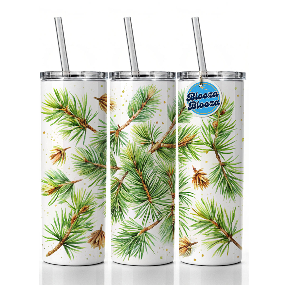 Pine Needles Watercolor Skinny Tumbler 20oz with Straw Insulated Water Bottle Gift