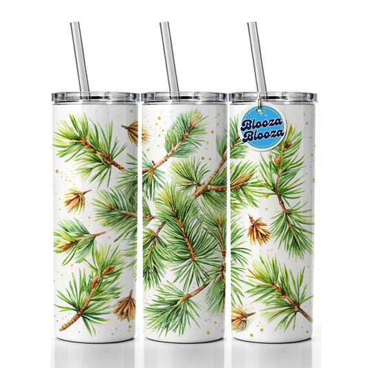 Pine Needles Watercolor Skinny Tumbler 20oz with Straw Insulated Water Bottle Gift