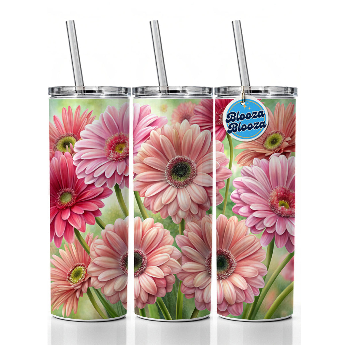 Pink Gerbera Daisies Flowers Watercolor Skinny Tumbler 20oz with Straw Insulated Water Bottle Gift
