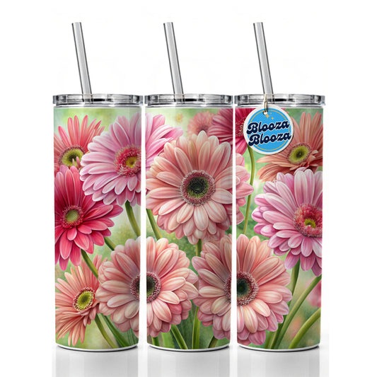 Pink Gerbera Daisies Flowers Watercolor Skinny Tumbler 20oz with Straw Insulated Water Bottle Gift