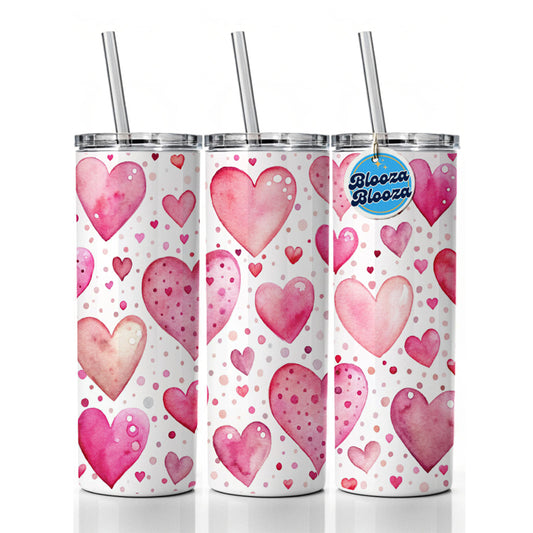 Pink Hearts Polka Dots Valentine's Love Anniversary Skinny Tumbler 20oz with Straw Insulated Water Bottle Gift