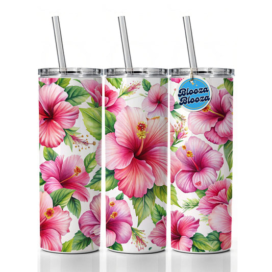 Pink Hibiscus Tropical Flowers Watercolor Skinny Tumbler 20oz with Straw Insulated Water Bottle Gift