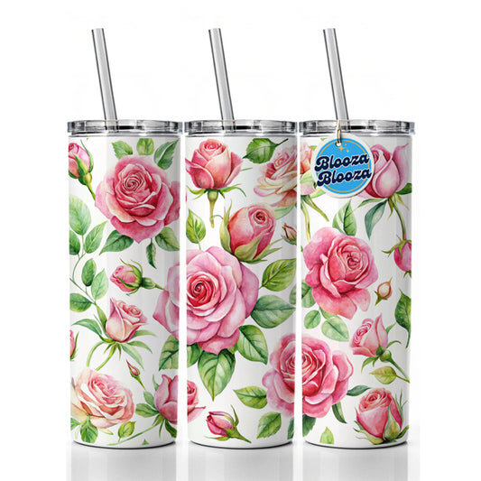 Pink Roses Flowers Watercolor Skinny Tumbler 20oz with Straw Insulated Water Bottle Gift