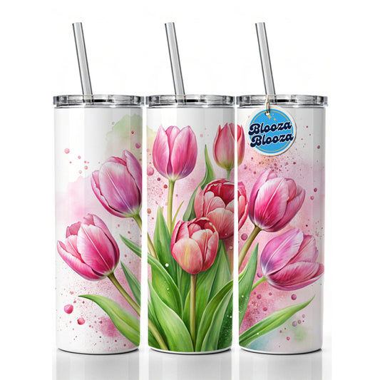Pink Tulips Flowers Watercolor Skinny Tumbler 20oz with Straw Insulated Water Bottle Gift