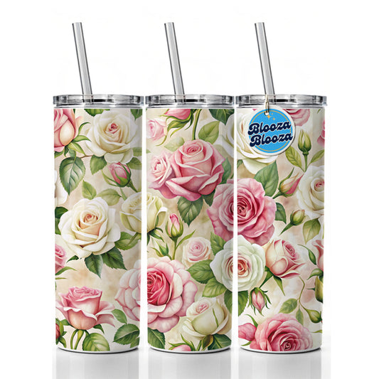 Pink White Roses Flowers Watercolor Skinny Tumbler 20oz with Straw Insulated Water Bottle Gift