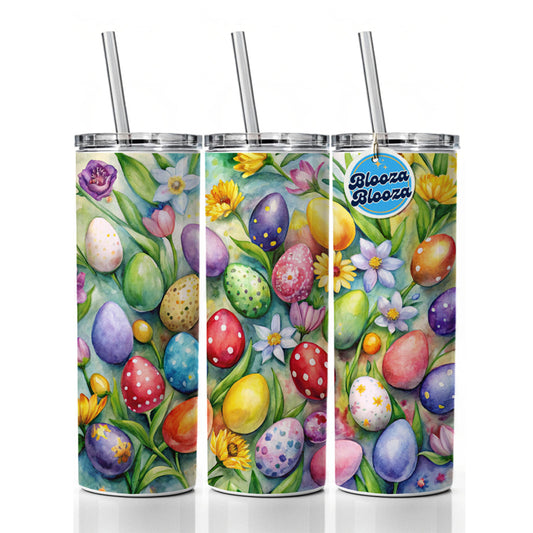 Pretty Easter Eggs Flowers Watercolor Skinny Tumbler 20oz with Straw Insulated Water Bottle Gift