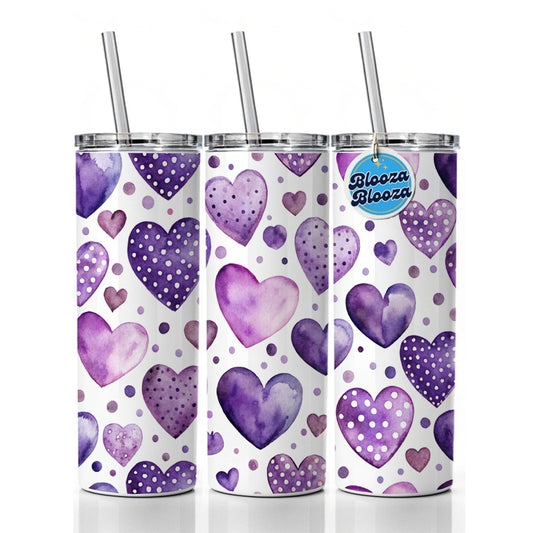 Purple Hearts Polka Dots Watercolor Skinny Tumbler 20oz with Straw Insulated Water Bottle Gift