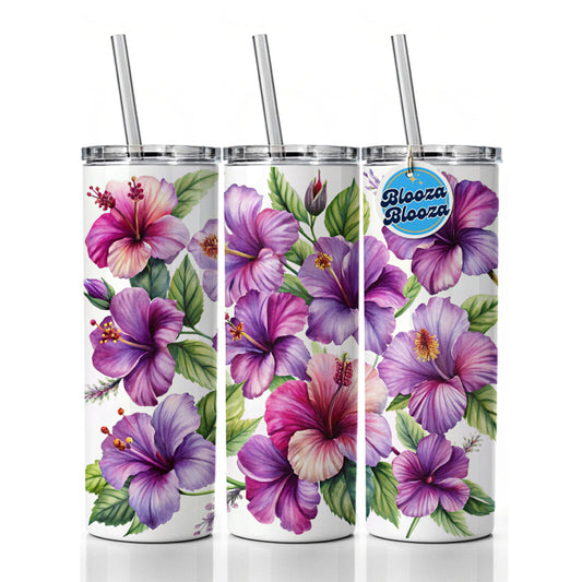Purple Hibiscus Flowers Watercolor Skinny Tumbler 20oz with Straw Insulated Water Bottle Gift
