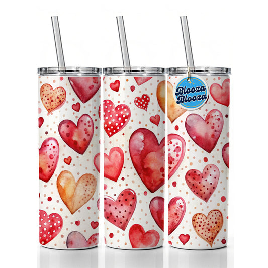 Red Hearts Polka Dots Love Valentine's Day Anniversary Skinny Tumbler 20oz with Straw Insulated Water Bottle Gift