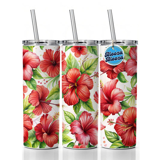 Red Hibiscus Flowers Watercolor Skinny Tumbler 20oz with Straw Insulated Water Bottle Gift