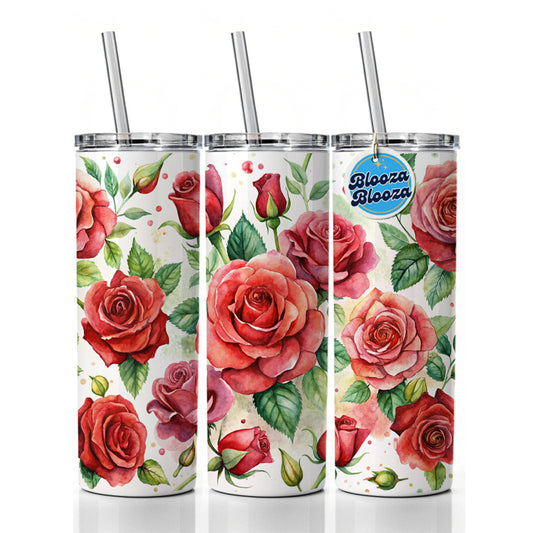 Red Roses Flowers Watercolor Skinny Tumbler 20oz with Straw Insulated Water Bottle Gift