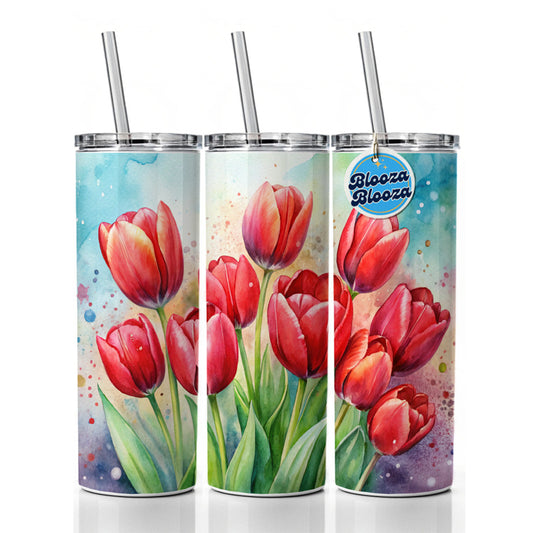 Red Tulips Flowers Watercolor Skinny Tumbler 20oz with Straw Insulated Water Bottle Gift