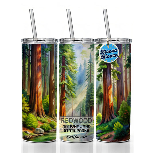 Redwood National Park California Watercolor Skinny Tumbler 20oz with Straw Insulated Water Bottle Gift