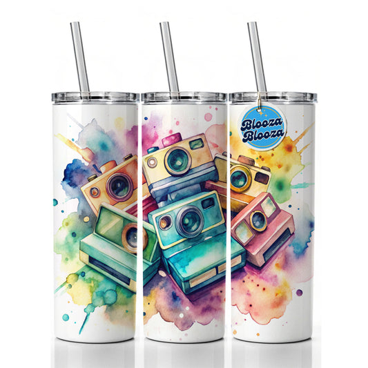 Retro Instant Cameras Photographer Watercolor Skinny Tumbler 20oz with Straw Insulated Water Bottle Gift