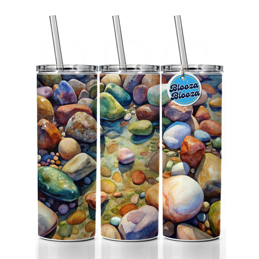 River Rocks Watercolor Skinny Tumbler 20oz with Straw Insulated Water Bottle Gift