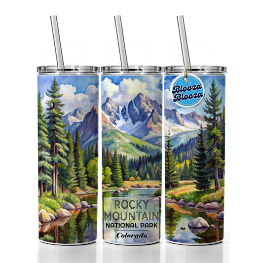 Rocky Mountain National Park Colorado Watercolor Skinny Tumbler 20oz with Straw Insulated Water Bottle Gift