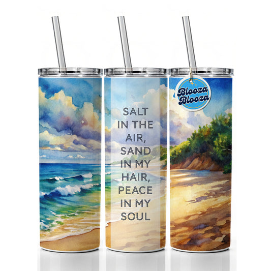 Salt Sand Peace Inspirational Beautiful Beach Ocean Watercolor Skinny Tumbler 20oz with Straw Insulated Water Bottle Gift