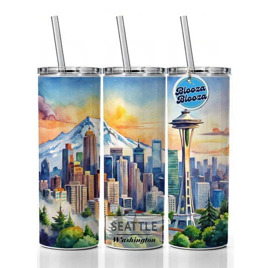 Seattle Washington Space Needle Travel City Watercolor Skinny Tumbler 20oz with Straw Insulated Water Bottle Gift