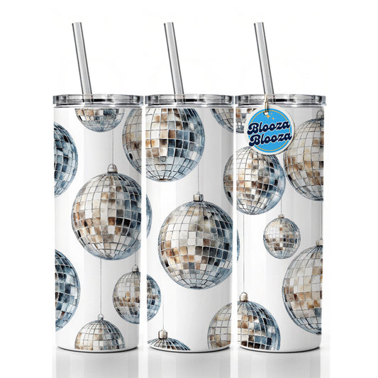 Silver Disco Balls Watercolor Skinny Tumbler 20oz with Straw Insulated Water Bottle Gift