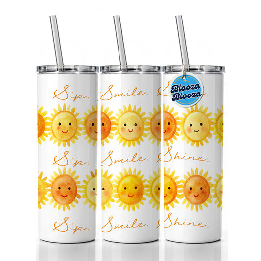 Sip Smile Shine Smiling Suns Inspirational Skinny Tumbler 20oz with Straw Insulated Water Bottle Gift