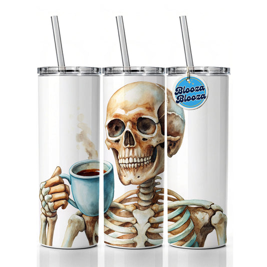 Skeleton Drinking Coffee Watercolor Skinny Tumbler 20oz with Straw Insulated Water Bottle Gift