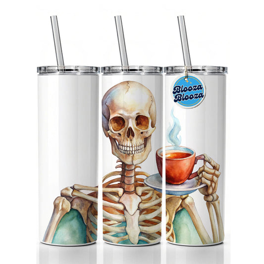 Skeleton Drinking Tea Watercolor Skinny Tumbler 20oz with Straw Insulated Water Bottle Gift