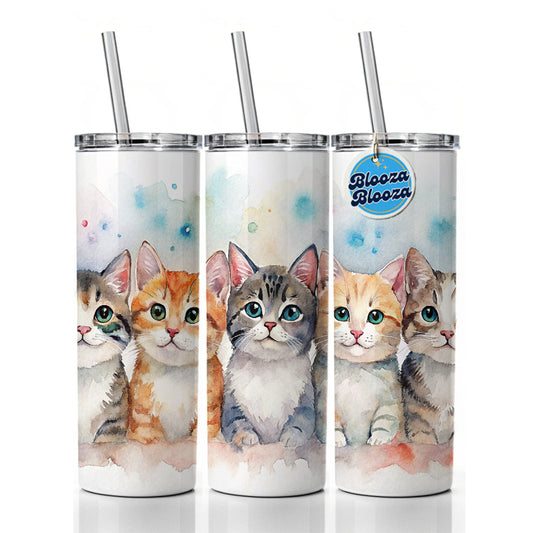 Small Cute Cats In A Row Skinny Tumbler 20oz with Straw Insulated Water Bottle Gift