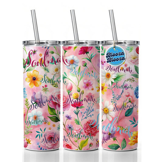 Soulmate Love Wedding Anniversary Flowers Pink Background Skinny Tumbler 20oz with Straw Insulated Water Bottle Gift