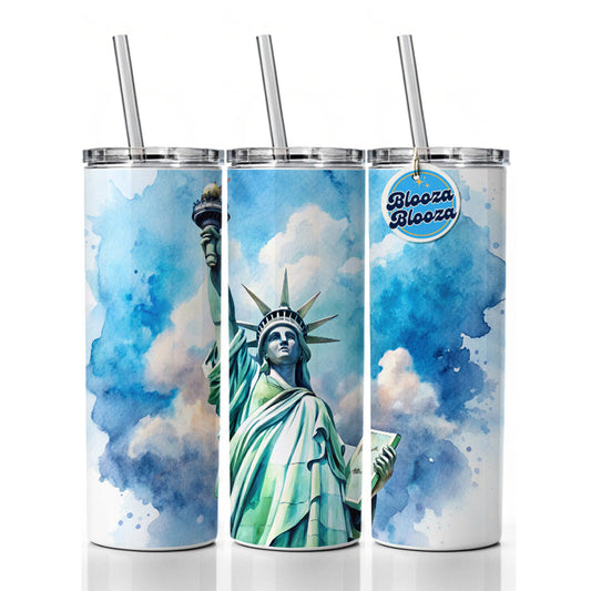 Statue Of Liberty Travel New York Watercolor Skinny Tumbler 20oz with Straw Insulated Water Bottle Gift
