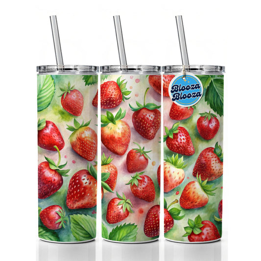 Strawberries Fruit Watercolor Skinny Tumbler 20oz with Straw Insulated Water Bottle Gift