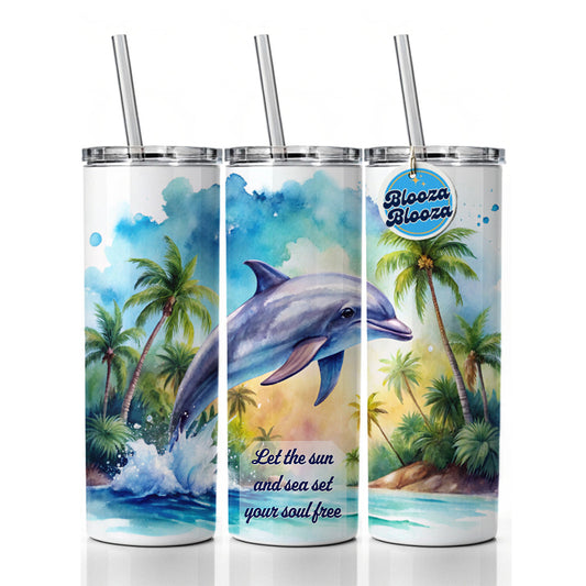 Sun Sea Set Soul Free Inspirational Dolphin Tropical Skinny Tumbler 20oz with Straw Insulated Water Bottle Gift
