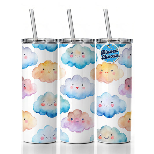Sweet Smiling Clouds In A Row Watercolor  Skinny Tumbler 20oz with Straw Insulated Water Bottle Gift