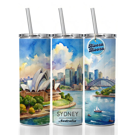Sydney Australia Opera House Travel City Watercolor Skinny Tumbler 20oz with Straw Insulated Water Bottle Gift