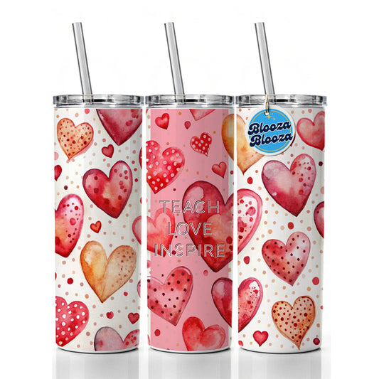 Teach Love Inspire Red Hearts Teacher Appreciation Skinny Tumbler 20oz with Straw Insulated Water Bottle Gift