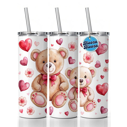 Teddy Bears Pink Red Hearts Skinny Tumbler 20oz with Straw Insulated Water Bottle Gift