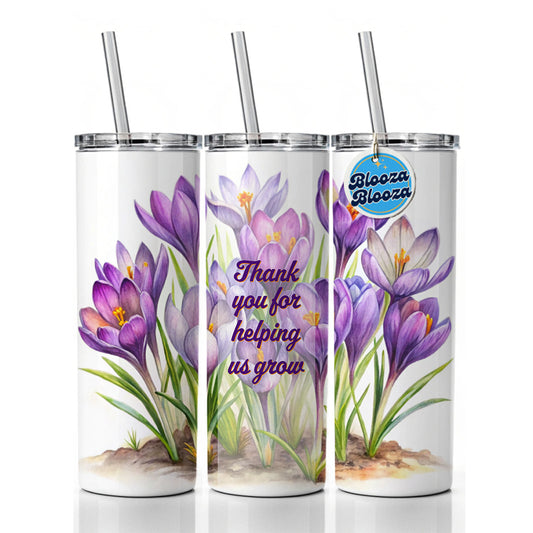 Thank You For Helping Us Grow Teacher Appreciation Elegant Purple Flowers Skinny Tumbler 20oz with Straw Insulated Water Bottle Gift
