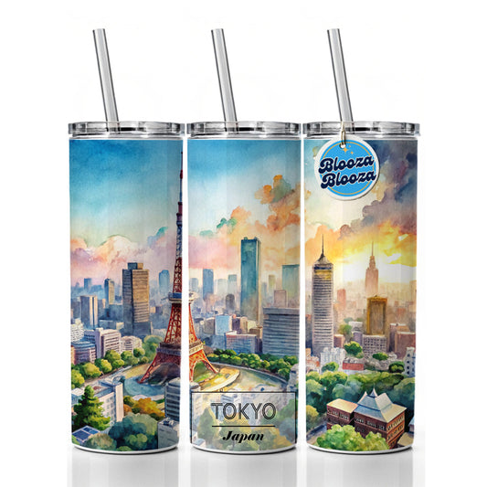 Tokyo Japan Travel City Watercolor Skinny Tumbler 20oz with Straw Insulated Water Bottle Gift