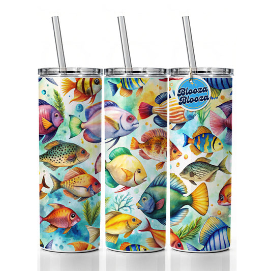 Tropical Fish Watercolor Skinny Tumbler 20oz with Straw Insulated Water Bottle Gift